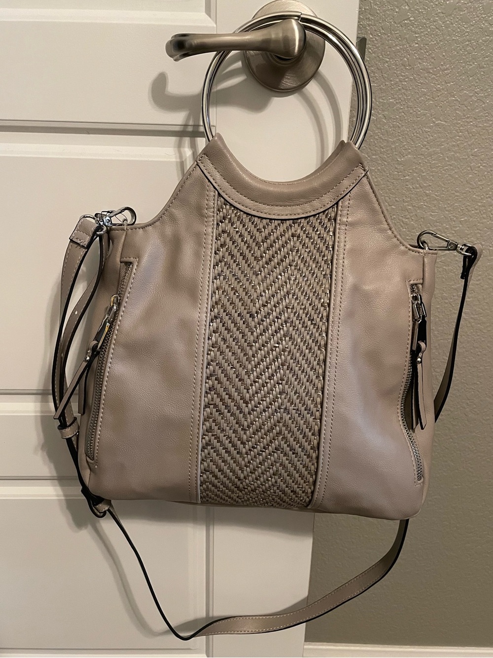 Inc.,Woven Panel Faux Leather Taupe Hand Bag w/Silver Hoops & Shoulder Strap